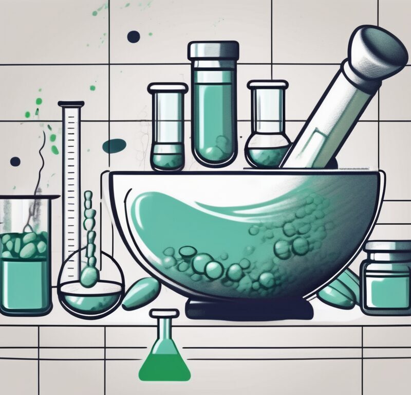 A compounding pharmacy with various pharmaceutical tools and equipment