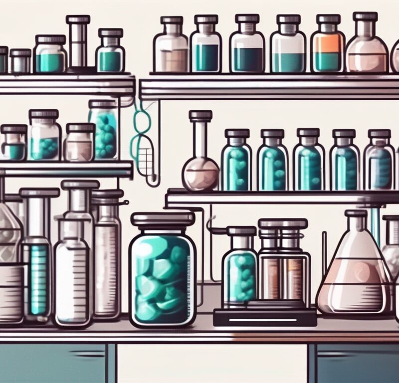 A compounding pharmacy lab with various pharmaceutical tools and medications