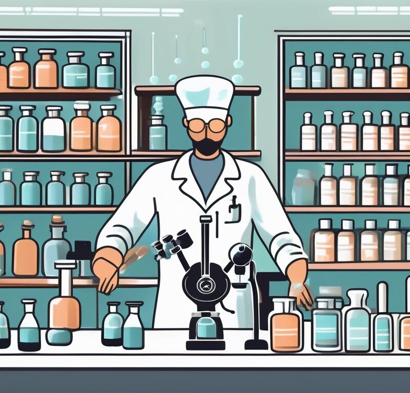 A traditional pharmacy setting with bioidentical hormone bottles on the shelves